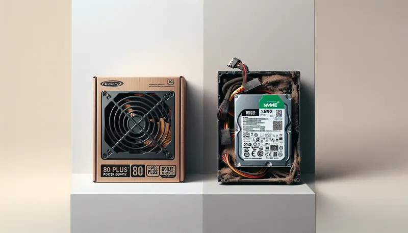 So sánh giữa nguồn PSU và ổ cứng SSD mới và cũ, nhấn mạnh tầm quan trọng của việc mua mới.