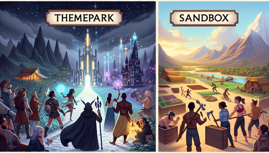 So sánh hai trường phái game MMORPG Themepark và Sandbox.