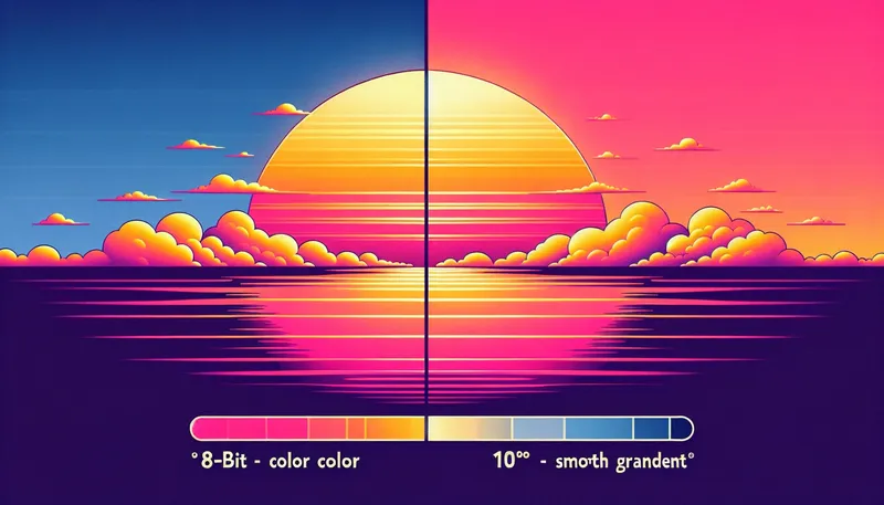 So sánh hiện tượng vỡ màu (banding) trên màn hình 8-bit và dải màu mượt mà của màn hình 10-bit color.