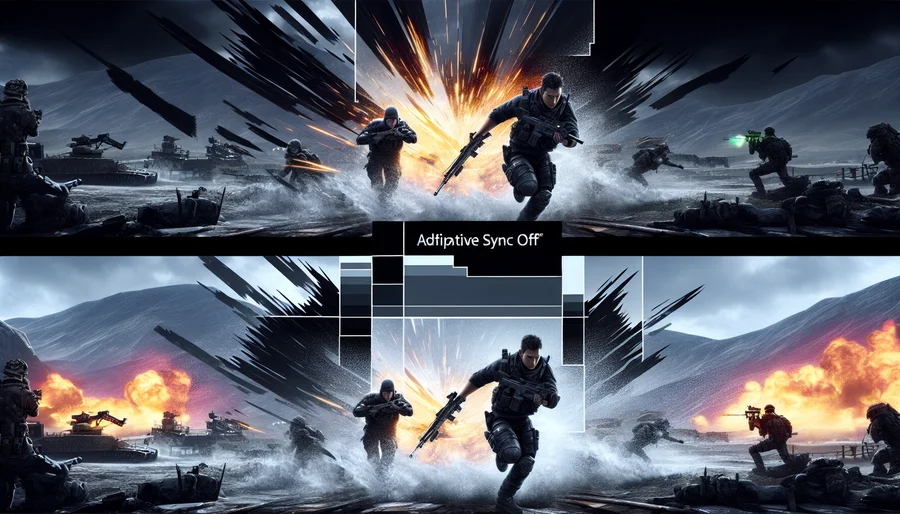 So sánh hiện tượng xé hình (screen tearing) khi tắt và khi bật công nghệ đồng bộ hóa FreeSync/G-Sync.