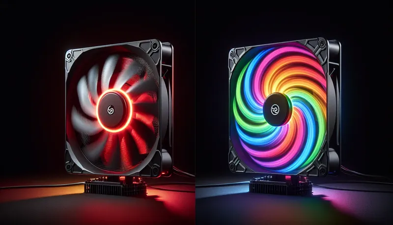 So sánh hiệu ứng của LED RGB đơn sắc và LED ARGB đa sắc trên quạt tản nhiệt.