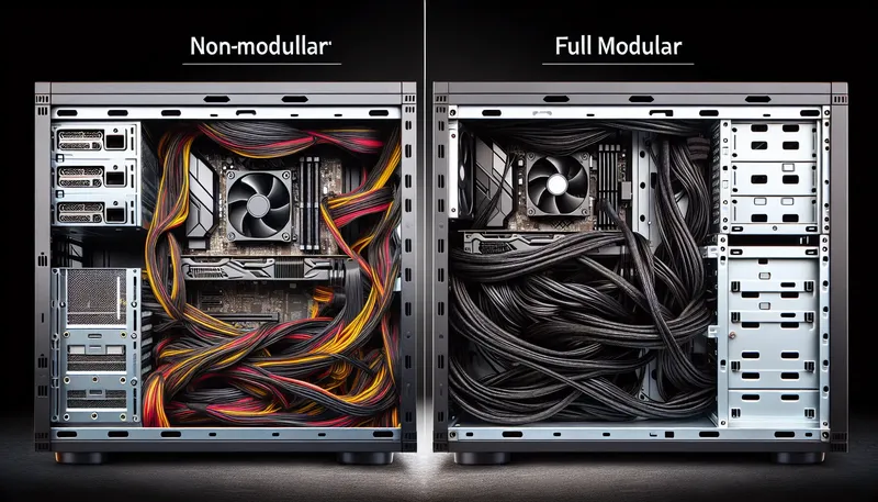 So sánh đi dây giữa nguồn Non-Modular (liền dây) và nguồn Full Modular (dây rời).