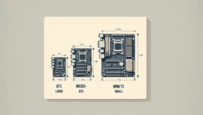 So sánh kích thước các chuẩn mainboard phổ biến: ATX, Micro-ATX (mATX) và Mini-ITX.