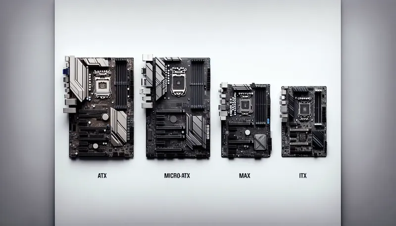 So sánh kích thước mainboard ATX, Micro-ATX (mATX), và Mini-ITX (ITX) từ trên xuống.