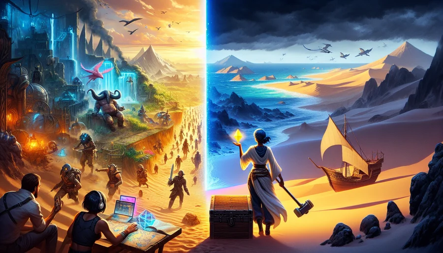 So sánh lối chơi MMORPG Themepark (dẫn dắt) và Sandbox (tự do).