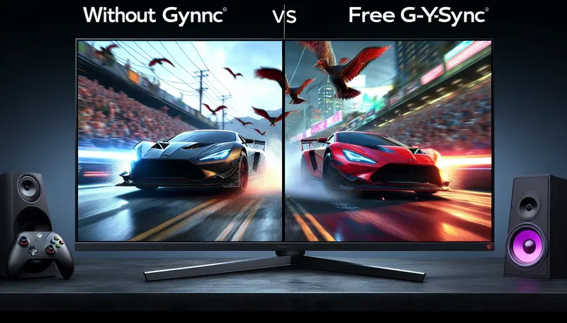 So sánh màn hình bị xé hình (screen tearing) và màn hình mượt mà nhờ công nghệ G-Sync và FreeSync.