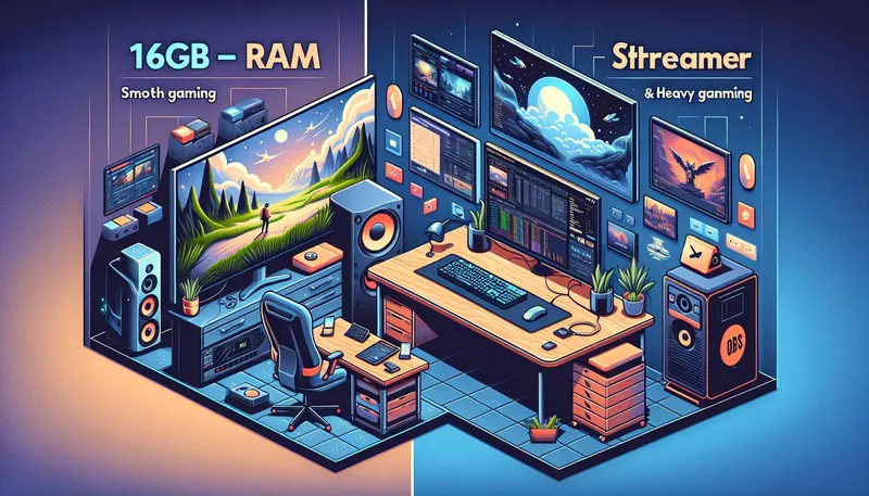 So sánh nhu cầu sử dụng RAM 16GB cho game thủ và 32GB cho streamer và người sáng tạo nội dung.