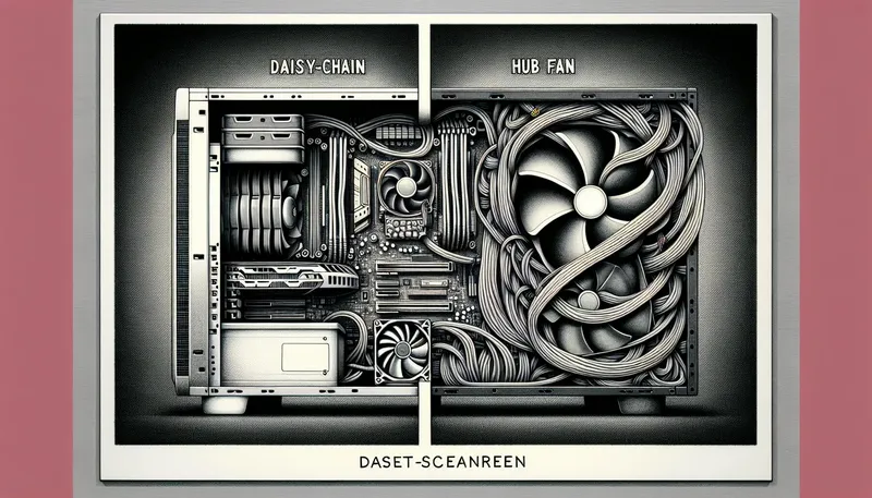 So sánh độ gọn gàng khi đi dây quạt bằng Daisy-Chain và Hub Fan.