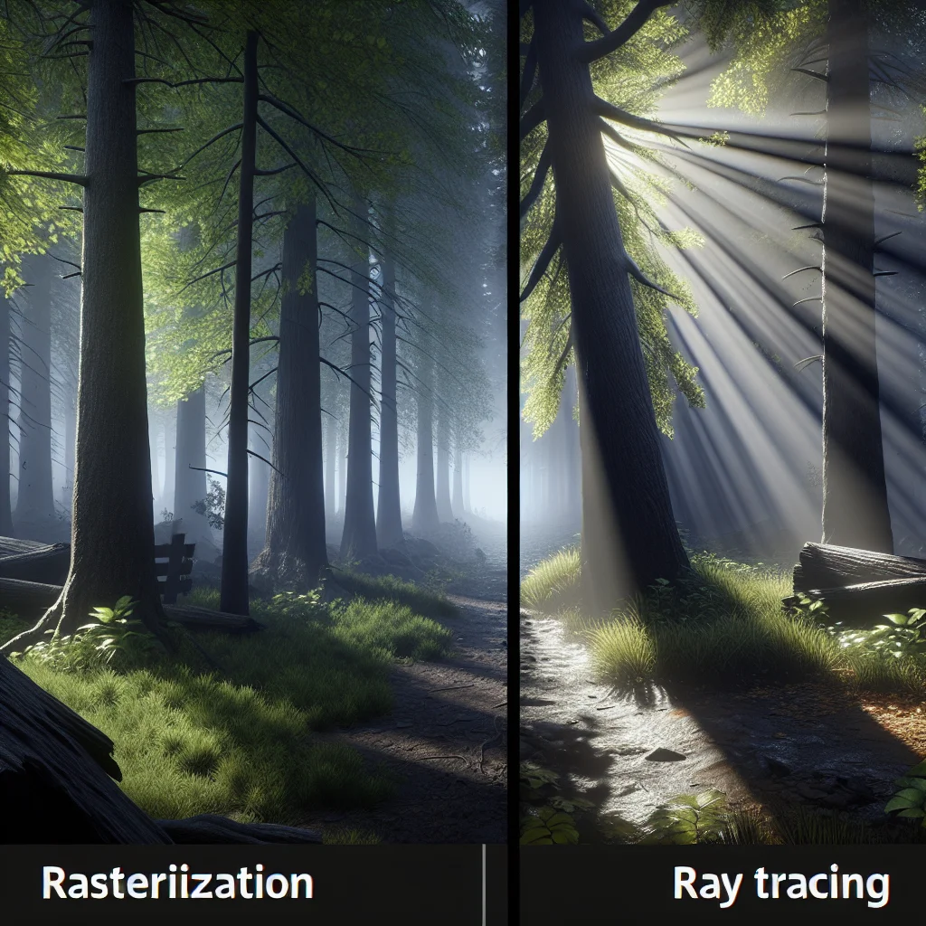 So sánh đồ họa game giữa công nghệ cũ Rasterization với bóng đổ cứng và công nghệ mới Ray Tracing với bóng đổ mềm mại, chân thực.