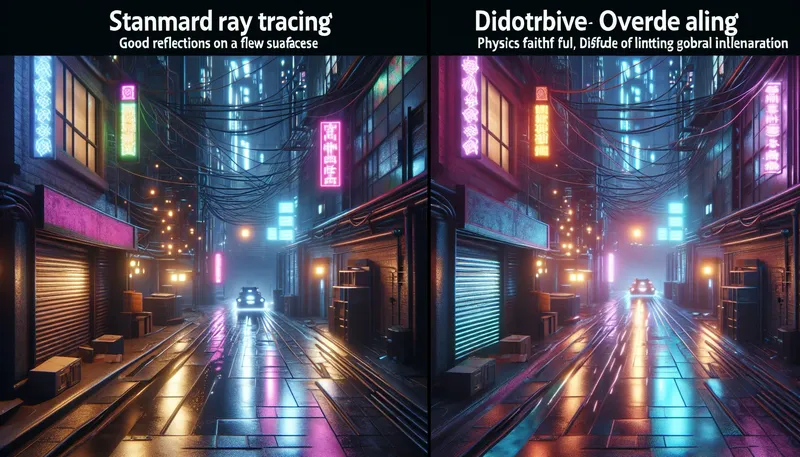 So sánh đồ họa Path Tracing (Overdrive) và Ray Tracing thông thường trong Cyberpunk 2077, cho thấy sự khác biệt về ánh sáng và đổ bóng.