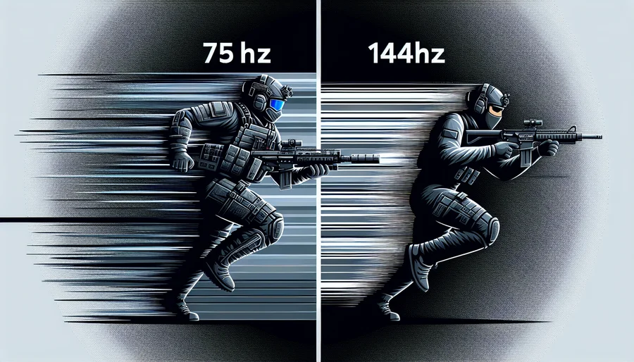 So sánh độ mượt của màn hình 144Hz và 75Hz trong game, cho thấy hình ảnh 144Hz sắc nét và rõ ràng hơn khi chuyển động.