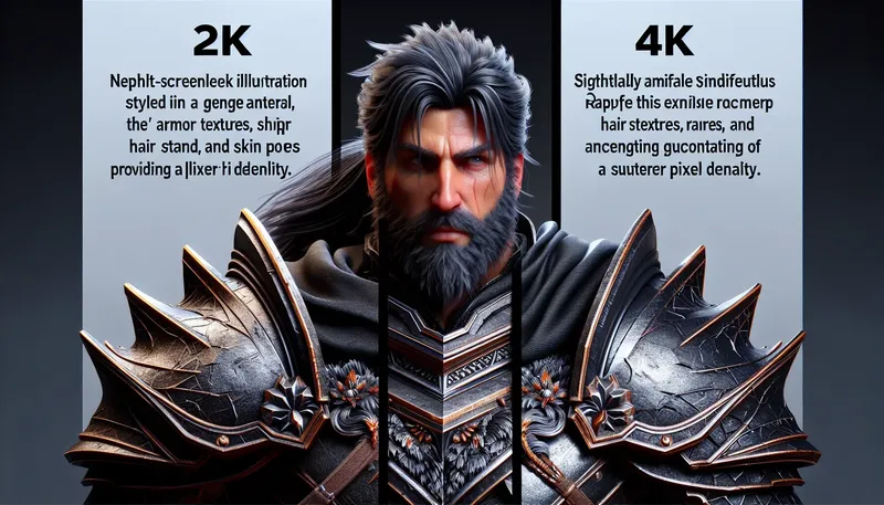 So sánh độ sắc nét giữa màn hình 2K QHD và màn hình 4K UHD trên cùng một chi tiết nhân vật game.