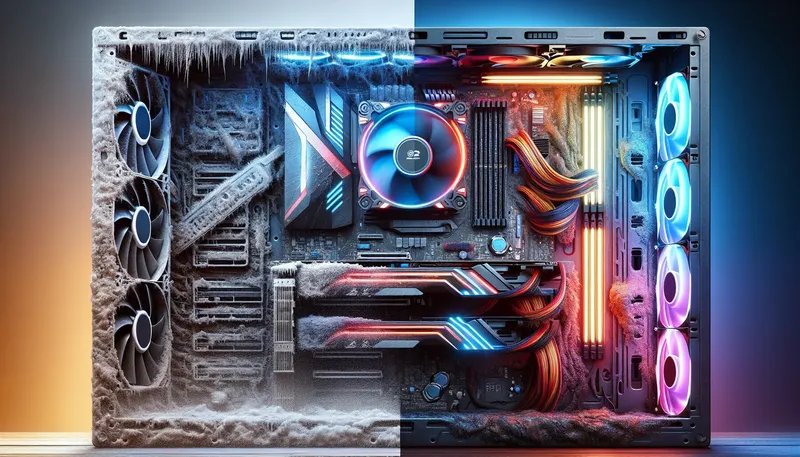 So sánh PC gaming trước và sau khi vệ sinh, từ bám đầy bụi bẩn đến sạch sẽ và mát mẻ.