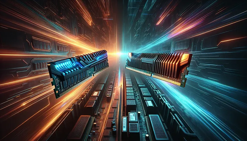 So sánh RAM gaming DDR4 và DDR5 với đèn RGB trên nền công nghệ tương lai để build PC 2025.