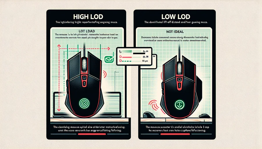 So sánh sự khác biệt giữa LOD (Lift-Off Distance) cao và thấp khi nhấc chuột gaming.