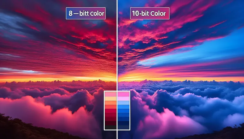 So sánh sự khác biệt giữa màn hình 8-bit bị lỗi dải màu (banding) và màn hình 10-bit hiển thị màu sắc mượt mà, chính xác.