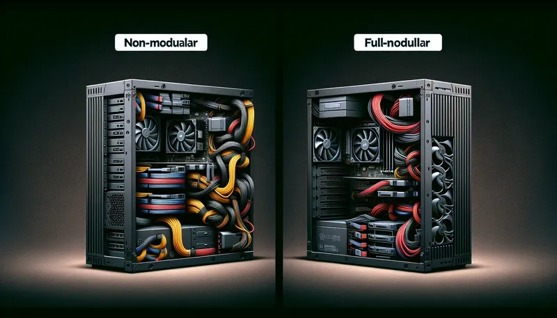 So sánh sự khác biệt về khả năng đi dây gọn gàng giữa nguồn Non-Modular và nguồn Full-Modular.