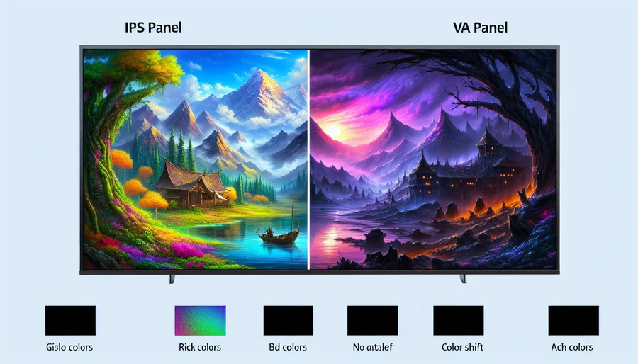 So sánh tấm nền màn hình IPS với màu sắc rực rỡ và tấm nền VA với độ tương phản cao, màu đen sâu.