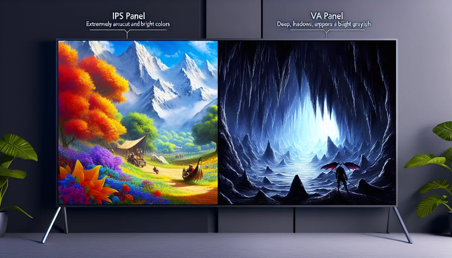 So sánh tấm nền màn hình IPS với màu sắc sống động và tấm nền VA với độ tương phản cao và màu đen sâu.