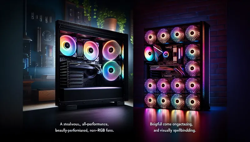 So sánh thẩm mỹ giữa dàn PC trang bị quạt không RGB và quạt có đèn ARGB cao cấp.