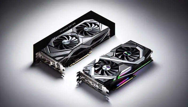 So sánh thiết kế giữa card đồ họa bản gốc Founder Edition và bản custom từ các hãng như ASUS, Gigabyte, MSI.