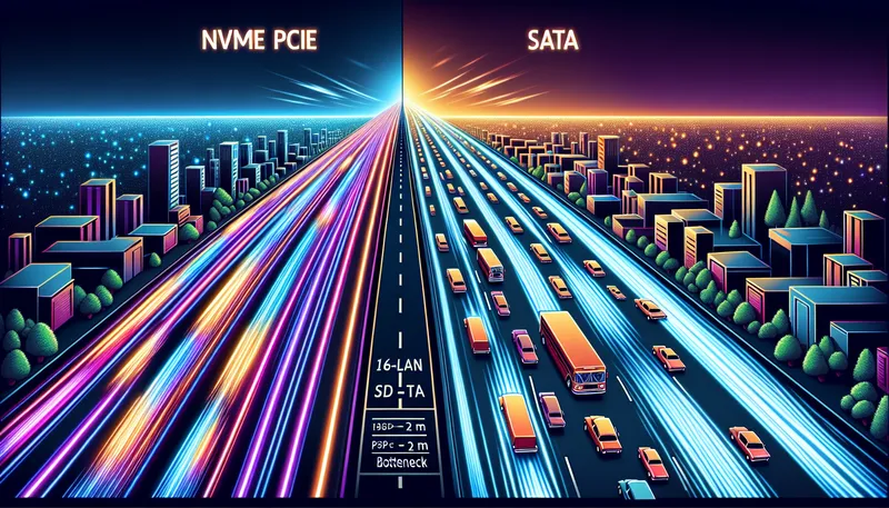 So sánh tốc độ SSD NVMe như một siêu xa lộ và SSD SATA như một con đường làng bị tắc nghẽn.