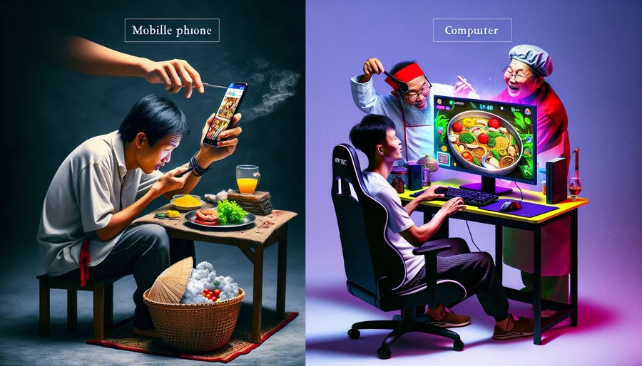 So sánh trải nghiệm chơi game nấu ăn trên điện thoại và trên máy tính qua trình giả lập.