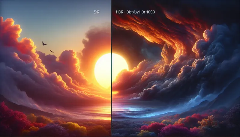 So sánh trực quan giữa hình ảnh SDR và HDR trên màn hình gaming, với HDR cho độ tương phản và màu sắc vượt trội.