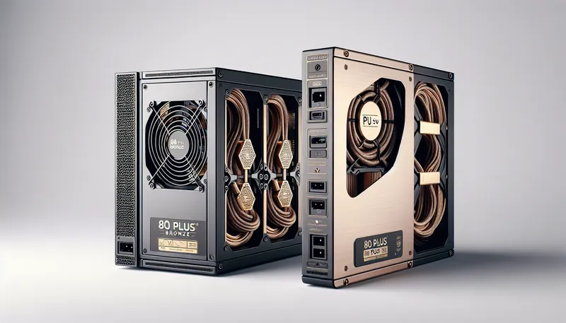So sánh trực quan giữa một bộ nguồn 80 Plus Gold cao cấp và một bộ nguồn 80 Plus Bronze tiêu chuẩn.