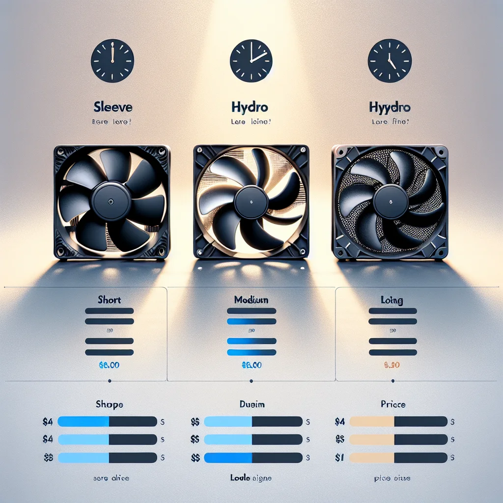 So sánh trực quan quạt tản nhiệt dùng trục quay Sleeve, Hydro, và FDB về tuổi thọ, độ ồn và giá thành.