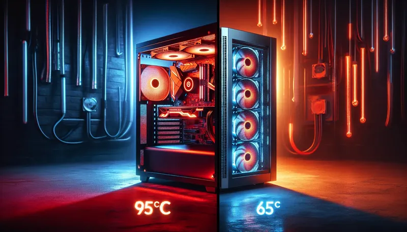 So sánh vỏ case PC gaming mặt kính kín gây nóng và vỏ case mặt lưới thoáng khí giúp tản nhiệt tốt.