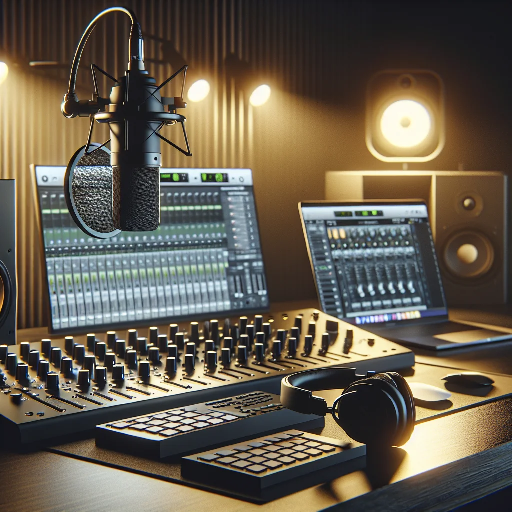 Sound card thu âm tại nhà chuyên nghiệp trên bàn làm việc cùng micro và tai nghe.