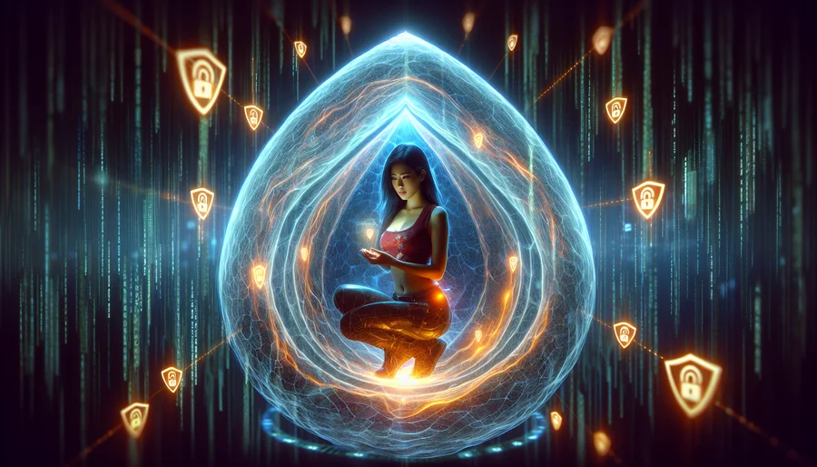 Tác phẩm nghệ thuật số về game thủ được bao quanh bởi kén dữ liệu an toàn, tượng trưng cho mã hóa và quyền riêng tư của VPN.
