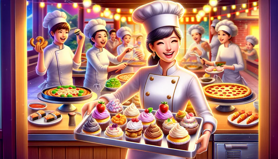 Tải game nấu ăn miễn phí với hình ảnh đầu bếp hoạt hình và các món ăn hấp dẫn như pizza, sushi.