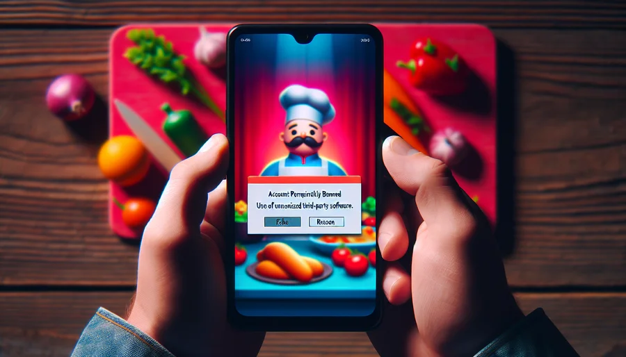 Tài khoản game nấu ăn bị khóa vĩnh viễn do vi phạm điều khoản dịch vụ bằng cách hack.