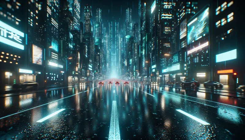 Thành phố Night City trong Cyberpunk 2077 với đồ họa Path Tracing Overdrive, ánh đèn neon phản chiếu trên mặt đường mưa.