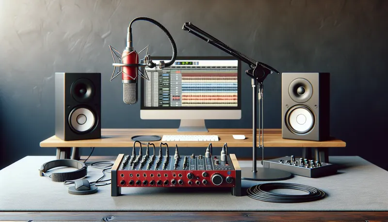 Toàn cảnh bộ thiết bị thu âm tại nhà gồm sound card, micro, loa kiểm âm và PC.