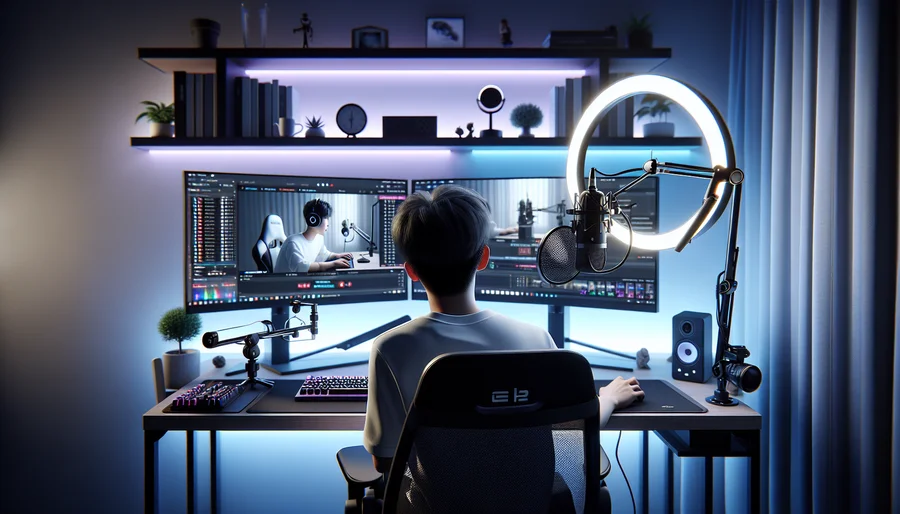 Toàn cảnh một góc livestream chuyên nghiệp năm 2025 với đầy đủ webcam, micro, và đèn chiếu sáng.