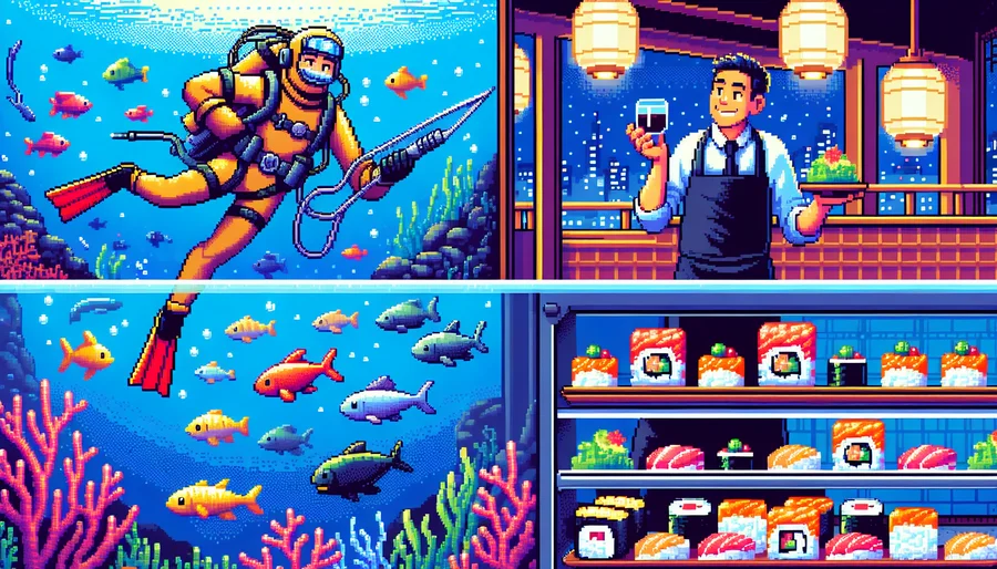 Vòng lặp gameplay của DAVE THE DIVER: ban ngày lặn biển bắt cá, ban đêm quản lý nhà hàng sushi.