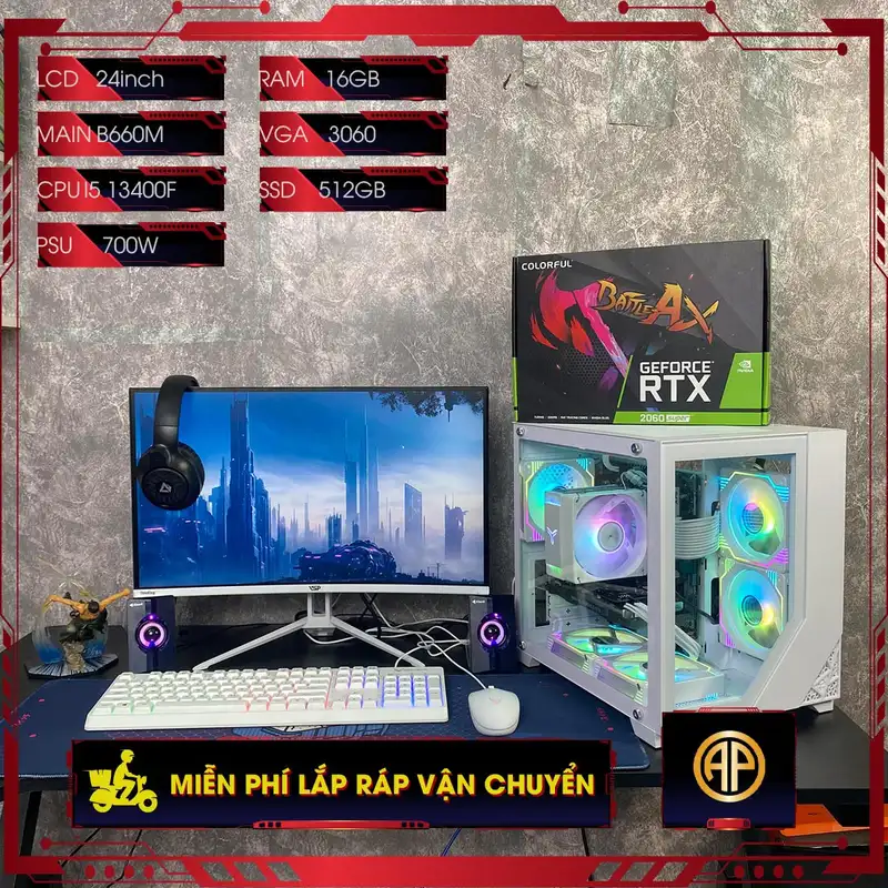  Dàn Pc Gaming AP Bể Cá Trắng B760M I5 13400F 16GB RTX 3060  Kèm Màn Hình 24 inch ( Vga 2nd )