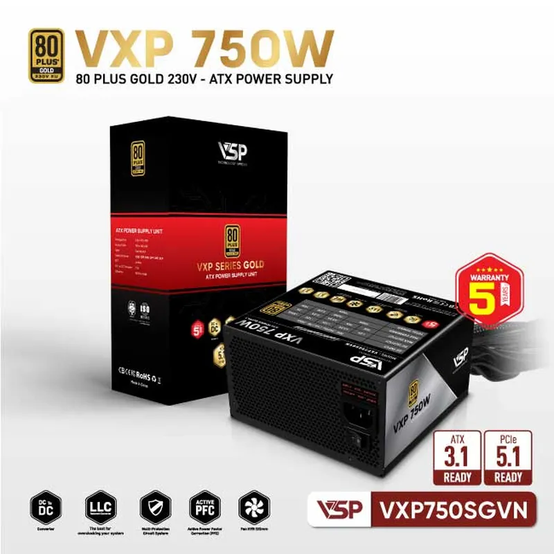 Nguồn Máy Tính VSP VXP 750W SGVN Gold 230V - Đen