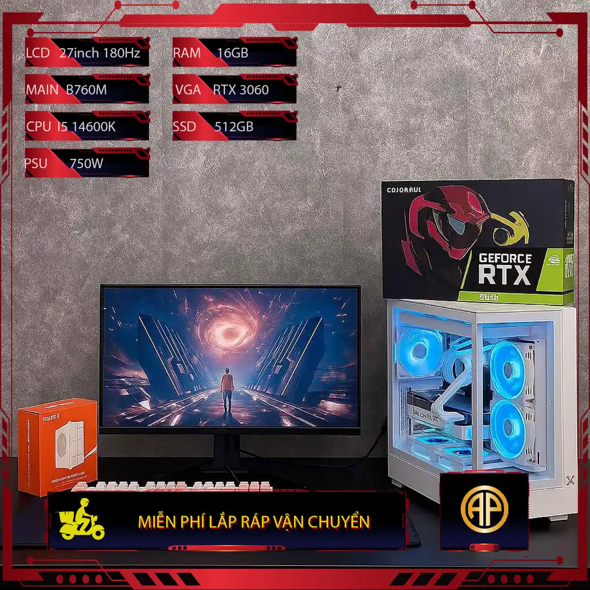  Dàn Pc Gaming Trắng B650 R7 7800X3D 16GB RTX 5070  Kèm Màn Hình 27inch 180Hz 