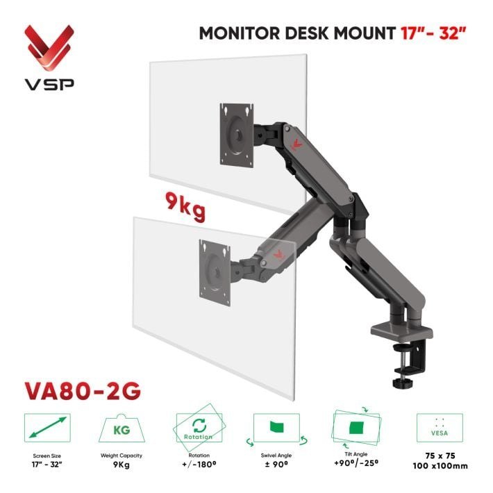 Giá treo màn hình VSP VA80-2G, 17-32 inch, Chân đôi, Màu Đen Xám