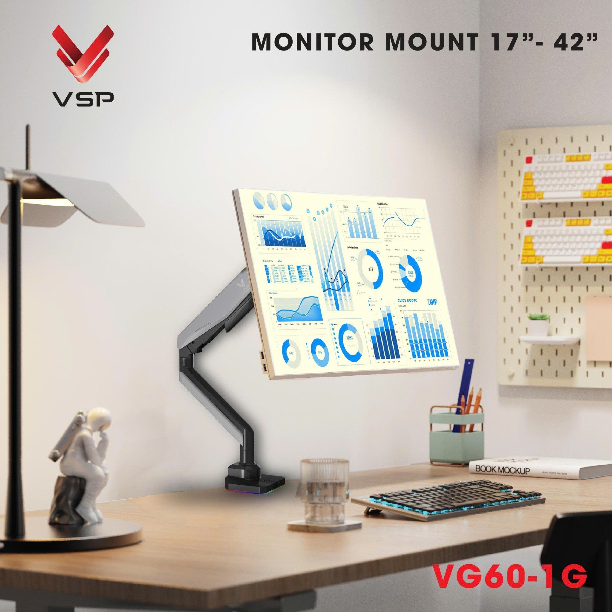 Giá treo màn hình VSP VG60-1 - Đen xám | 17 - 42 inch, chân đế RGB, nút chỉnh LED, cổng USB 3.0 & Type C