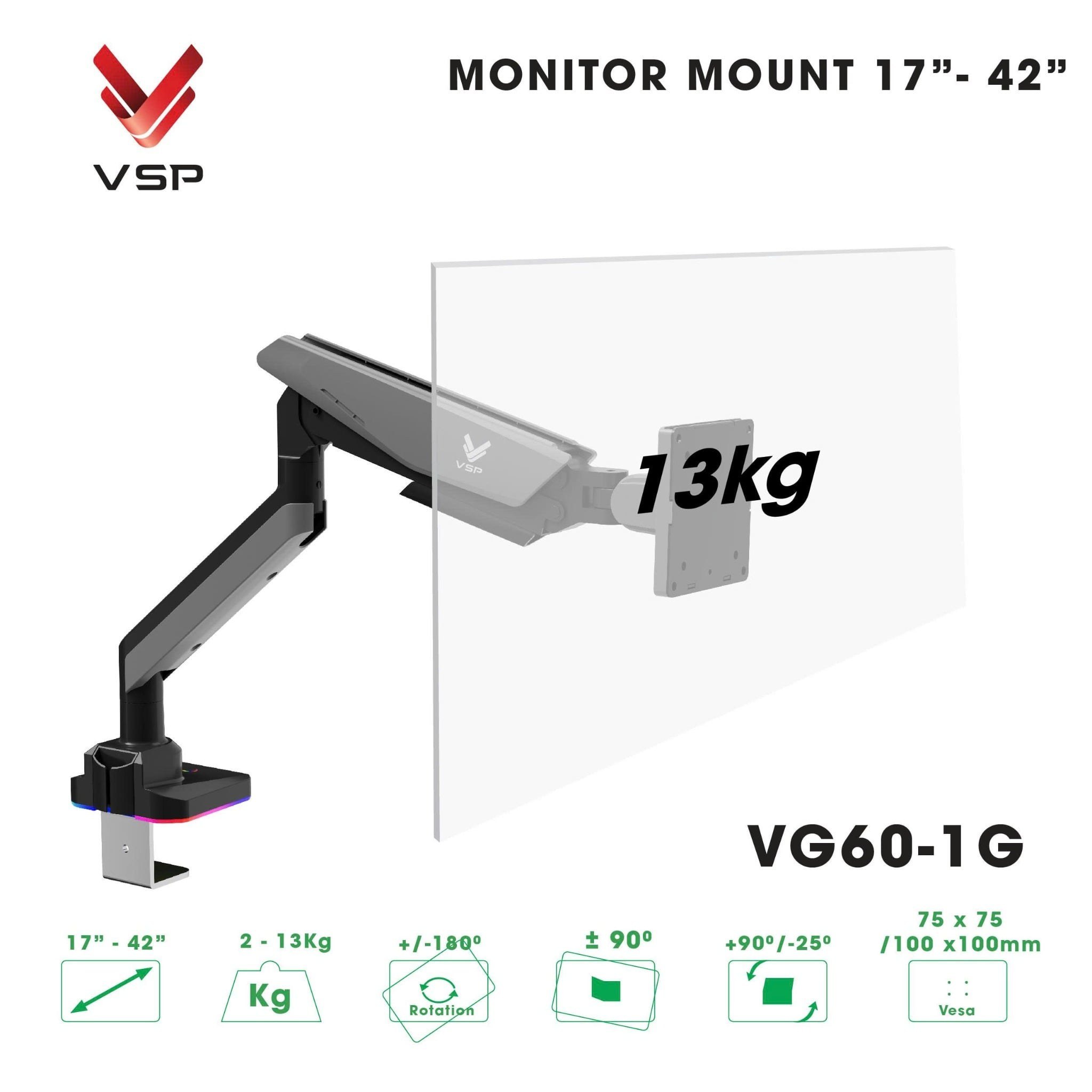 Giá treo màn hình VSP VG60-1 - Đen xám | 17 - 42 inch, chân đế RGB, nút chỉnh LED, cổng USB 3.0 & Type C