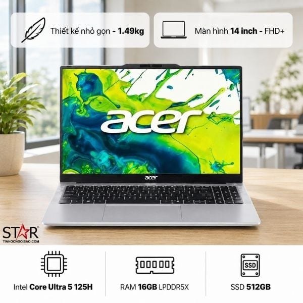 Laptop ACER Aspire Go 14 AI AG14-I71M-50AL (NX.W25SV.001) | U5-125H, 16GB LPDDR5X, SSD 512GB NVMe, 14" FHD+ IPS , W11SL, Bạc