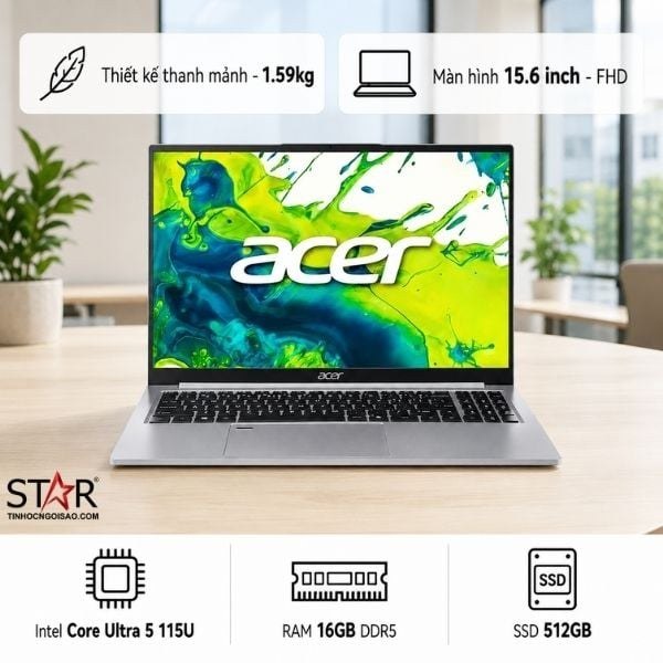Laptop ACER Aspire Go 15 AI AG15-52P-52WT | Ultra 5 115U, 16GB DDR5, SSD 512GB NVMe, UMA, 15.6" FHD IPS, Win 11, Bạc (NX.JWKSV.001)
