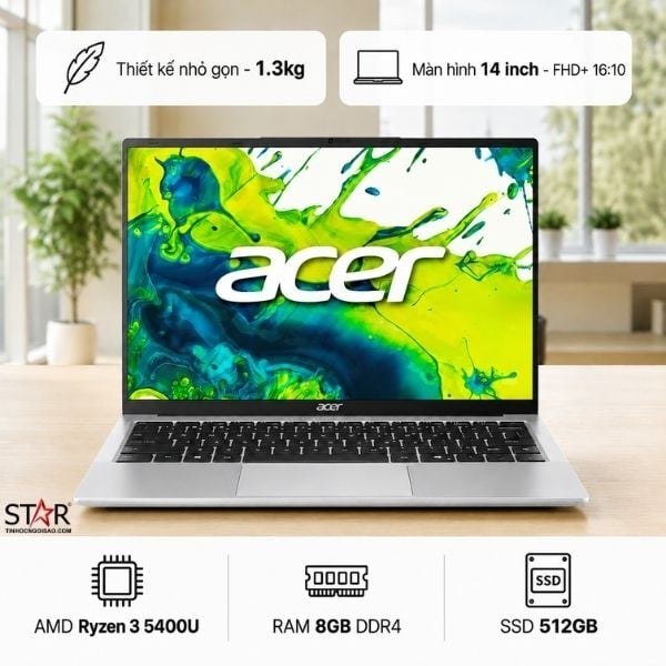 Laptop Acer Aspire Lite 14 AL14-45P-R7Z3 | AMD Ryzen 3 5400U, 8GB DDR4, SSD 512GB NVMe, UMA, 14" FHD+, Win11, Bạc (NX.DPESV.002)