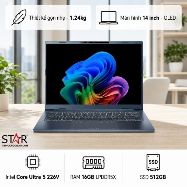 Laptop ACER Swift Go 14 AI SFG14-75-5264 | Ultra 5 226V, 16GB LPDDR5X, SSD 512GB, UMA, 14" FHD+ OLED, Win 11, Xanh (NX.JNBSV.001)