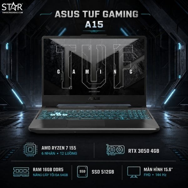 Laptop ASUS TUF Gaming A15 FA506NCG-HN390W | R7-155, 16GB DDR5, SSD 512GB NVMe, RTX 3050 4GB, RGB, 15.6" FHD 144Hz, Win 11 Home, Đen